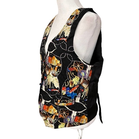 Vintage Nicole Miller Printed Vest Cowboy Rodeo Western Silk Black Size Large - Picture 7 of 11